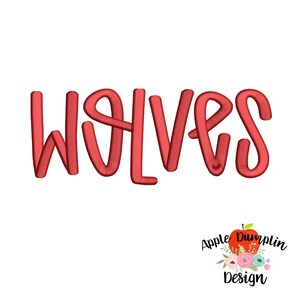 May include: The word WOLVES is embroidered in a bold, red, rounded script font. Below the text is a logo featuring a red apple with green leaves and small pink and blue flowers, accompanied by the black text Apple Dumplin Design.