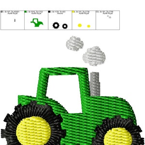 May include: A green tractor with black wheels and yellow centers. The tractor has a gray smoke stack and white smoke coming out of it. The tractor is 1.5 inches wide and 1.4 inches tall. The image is a digital embroidery design.