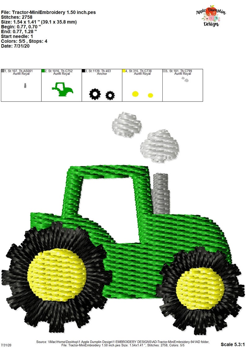 May include: A green tractor with black wheels and yellow centers. The tractor has a gray smoke stack and white smoke coming out of it. The tractor is 1.5 inches wide and 1.4 inches tall. The image is a digital embroidery design.