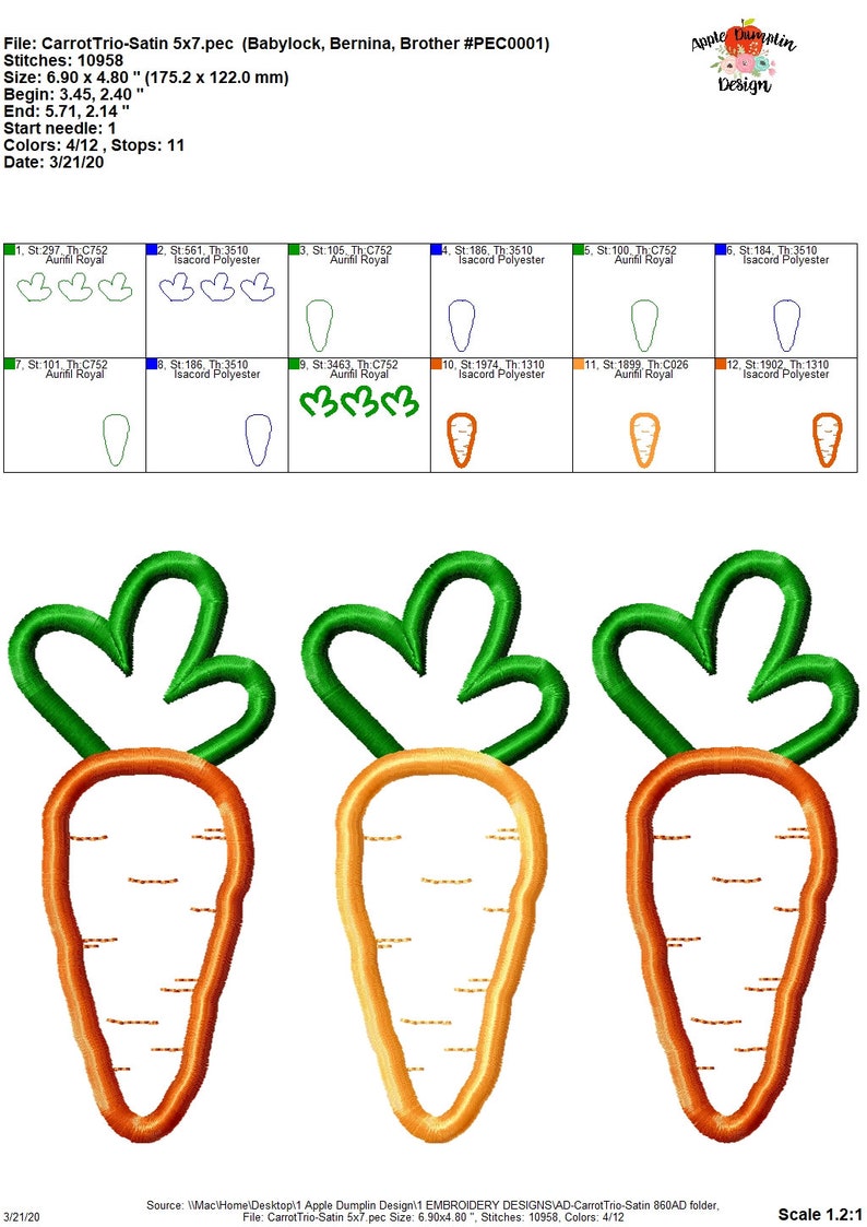 Easter Applique Machine Embroidery Carrot Trio Satin Stitch Applique Design Instant Download 5x5 9x9 8x8 5x7