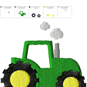 May include: A green tractor with black wheels and yellow centers. The tractor has a gray smoke stack with two white smoke clouds above it. The image is a digital embroidery design.