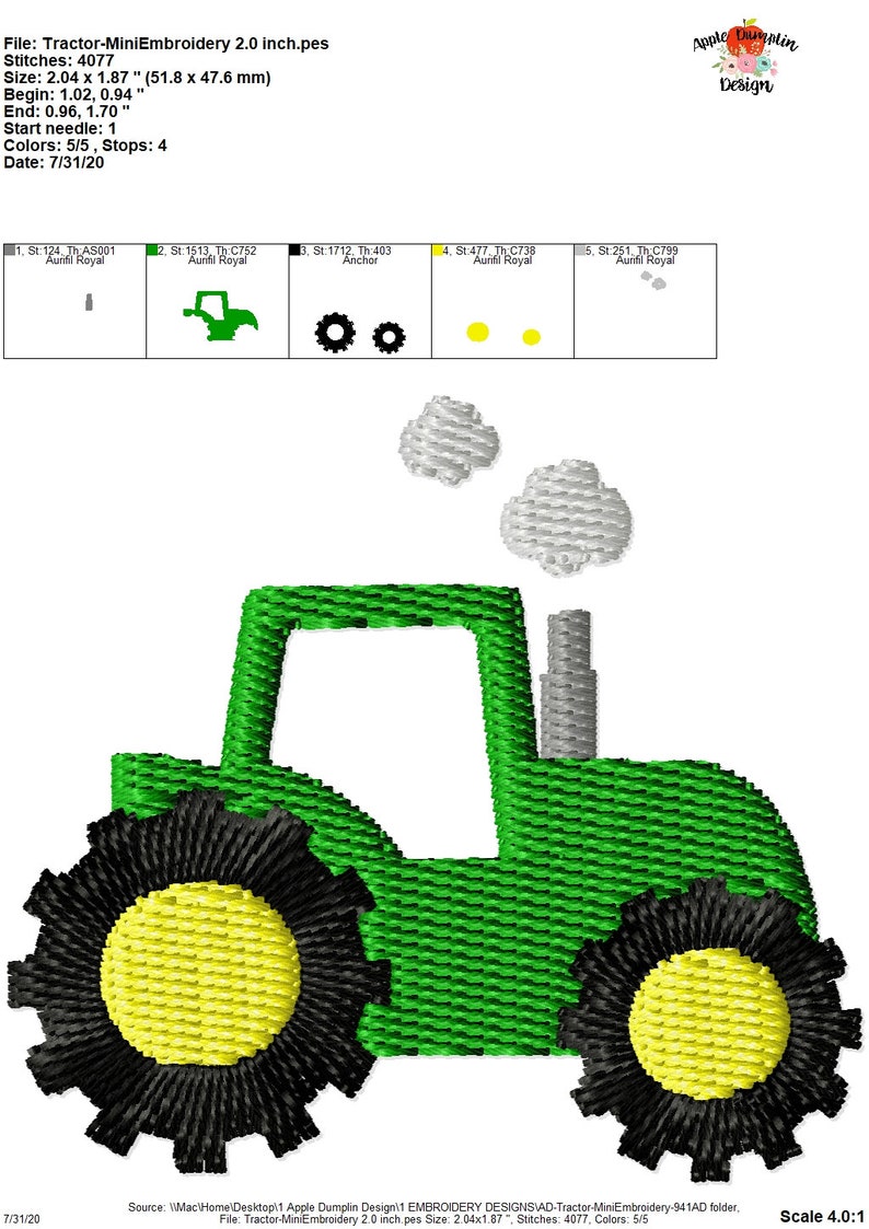 May include: A green tractor with black wheels and yellow centers. The tractor has a gray smoke stack with two white smoke clouds above it. The image is a digital embroidery design.
