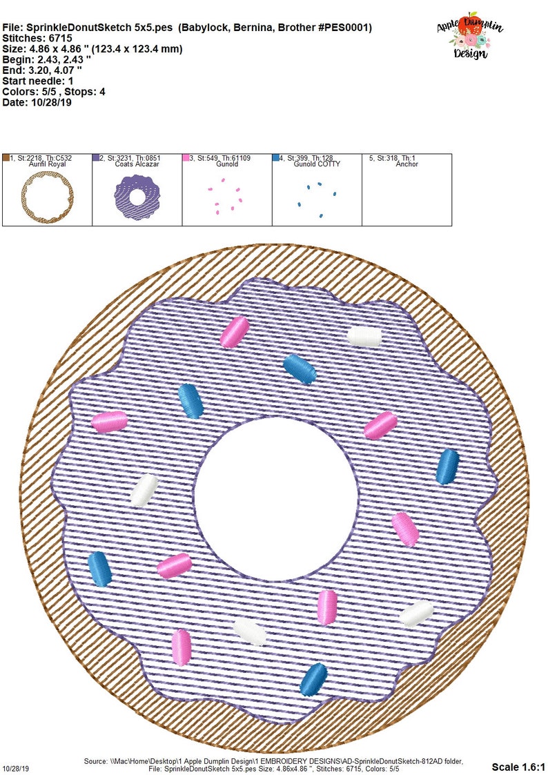Sprinkle Donut, Sketch, Embroidery Design, Birthday Embroidery, Pleat Embroidery, Quick Stitch, 3x3, 4x4, 5x5, 6x6, 7x7, 8x8, 9x9 image 4