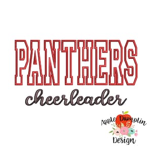 May include: A white background features the words "PANTHERS" in red block letters above the word "cheerleader" in a cursive font. A logo with an apple and flowers is in the bottom right corner.