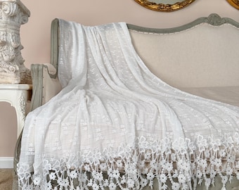 White Sheer Lace Throw with Crochet Trim, Cream Cottage Chic Blanket, Shabby French Country Decor, Romantic Throw.