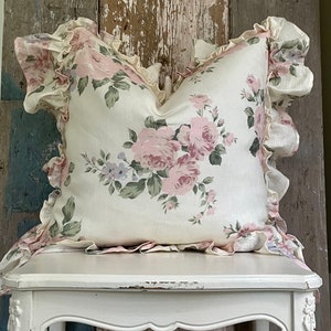 Linen Floral Roses Ruffle Pillow Cover, Ivory and Pink Shabby French Country Home, Cottage Chic, Farmhouse Spring Decor, 20” x 20”