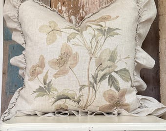 Beige Floral Ruffle Pillow Cover, French Country Pillow Cover. Shabby Decor, Cottage Chic, Spring Home.