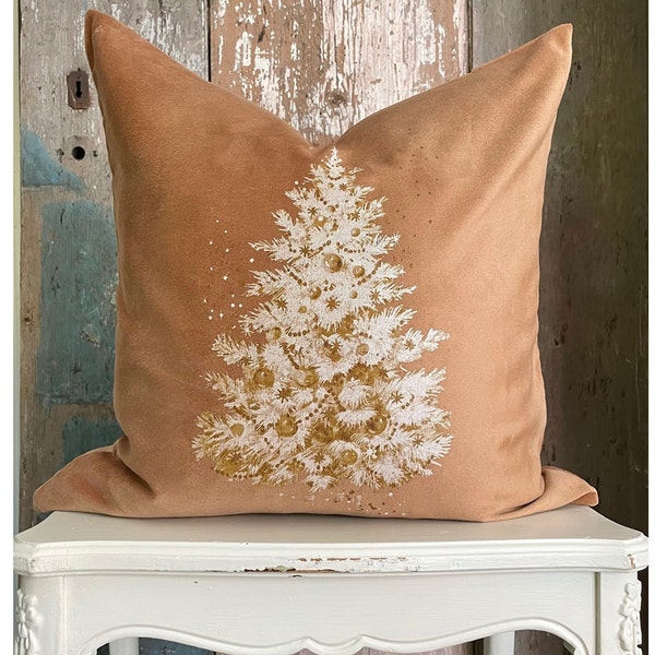 Neutral Christmas Tree Velvet Pillow Cover, Mid Century Modern Holiday Decor, Rustic Woodland Farmhouse.