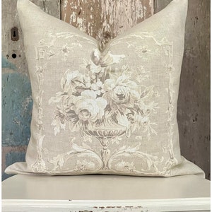 Beige Linen Floral Pillow Cover, Shabby French Country Cushion, French Antiques, Cottage Chic.