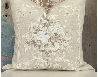 Beige Linen Floral Pillow Cover, Shabby French Country Cushion, French Antiques, Cottage Chic.