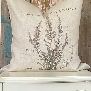 French Herb Beige Linen Pillow Cover, Shabby Country Floral Cushion, Cottage Chic Home, French Farmhouse Antiques.