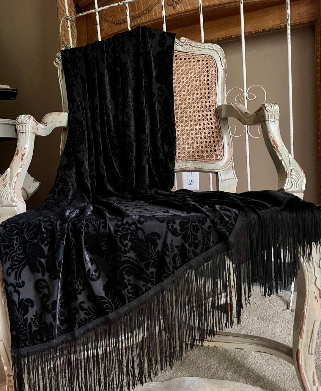 Black Damask Velvet Fringe Throw Elegant Bed Scarf Photography Prop Shabby French Country Cottage Chic Gothic Romantic Decor. Etsy