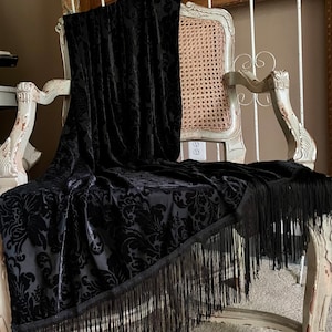 Black Damask Velvet Fringe Throw, Elegant Bed Scarf, Photography Prop, Shabby French Country Cottage Chic, Gothic Romantic Fall Decor.
