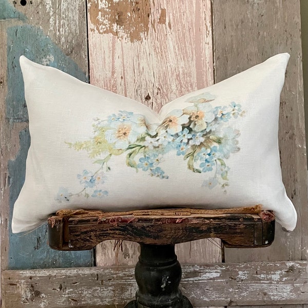 Blue Floral Lumbar Pillow, Farmhouse Linen Pillow Cover, Shabby French Country Decor, Cottage Chic Decor, 12” x 20”