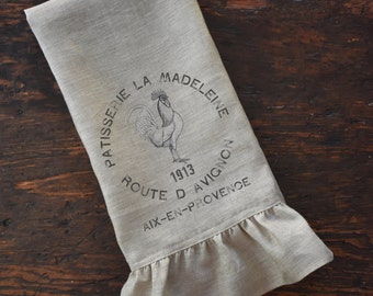 French Rooster Linen Tea Towel, Ruffle Dishtowel, Shabby French Country Farmhouse Kitchen, Cottage Chic Decor.