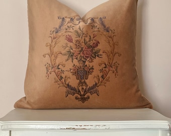 Tan Velvet Tapestry Print Pillow Cover, Decorative Farmhouse Throw Pillow, French Country Antique Decor, Cottage Chic, 18" x 18".