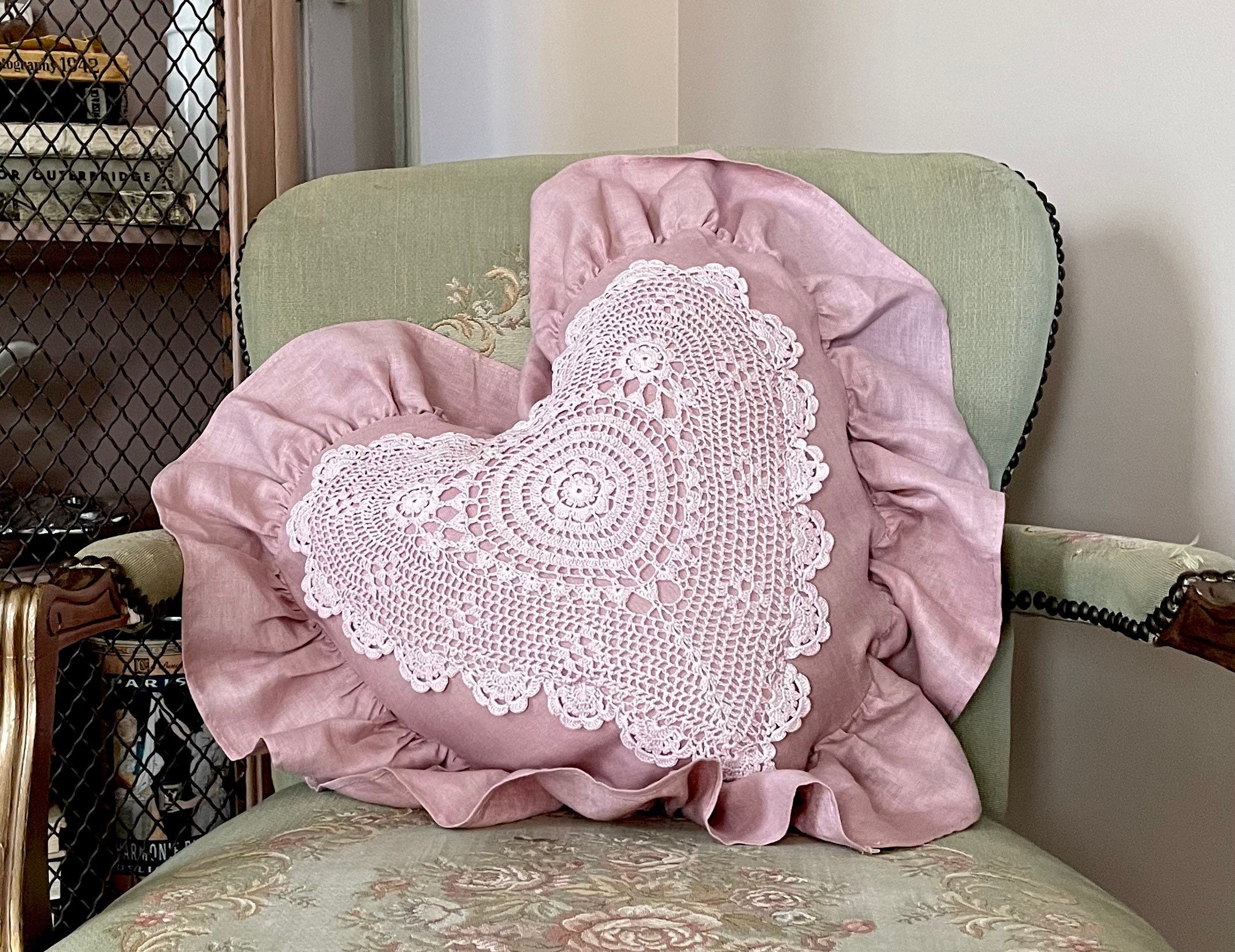 Pink Crochet Heart Pillow Linen Ruffle Cushion Shabby Cottage Chic Romantic Farmhouse Decor. Etsy Canada