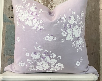 Lavender Floral Linen Pillow Cover, Shabby French Country Pillow, Purple Roses Cottage Chic, Romantic Decor, 20” x 20”