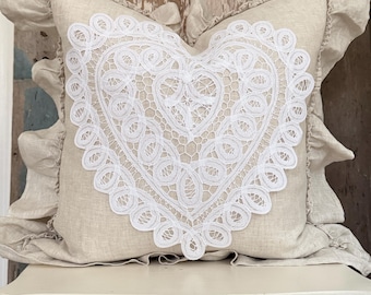 Lace Heart Pillow Beige Ruffle Linen Pillow Cover, Valentine's Day Decor, Romantic Shabby Home, Cottage Chic, 20” x 20”