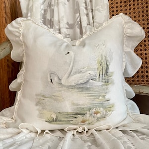 Swan Linen Ruffle Pillow Cover, Shabby Country Cushion Cover, French Cottage Chic Decor.