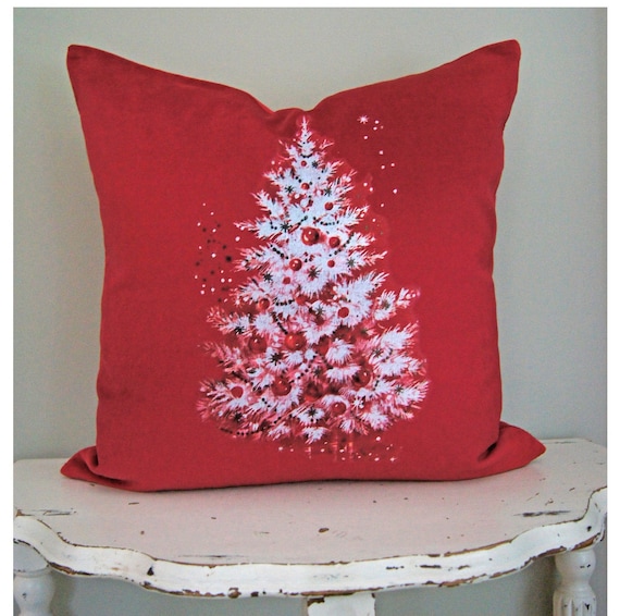 Red Christmas Tree Velvet Pillow Cover, Holiday Decor, Rustic