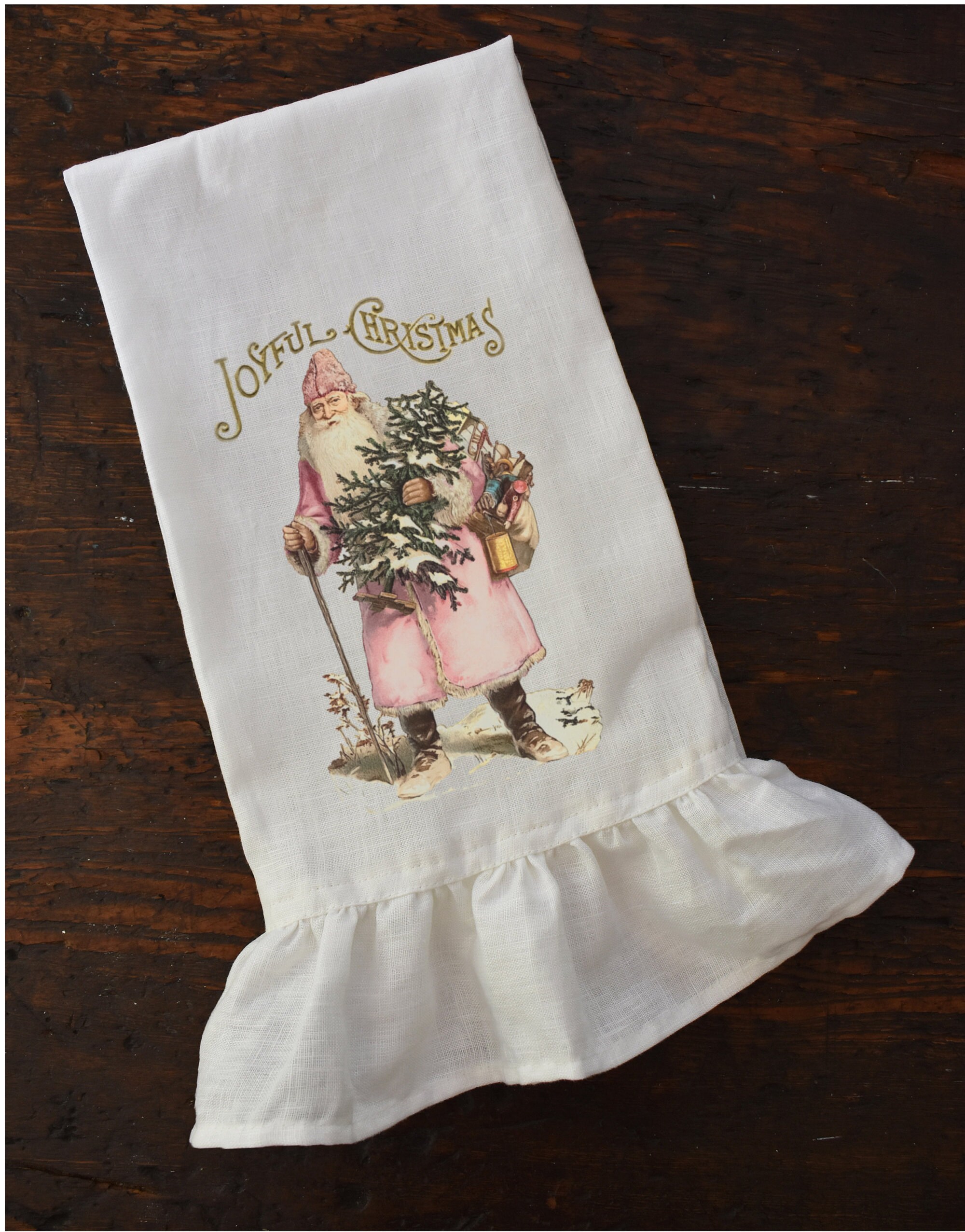 Pink Santa Christmas Tea Towel, Farmhouse Kitchen Holiday Dishtowel, Shabby Xmas, Cottage Chic.