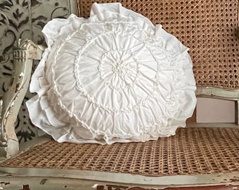 Cream Round Ruffle Pillow Cover, 16” Circle Cushion, Shabby Cottage Chic, Romantic Home Decor.