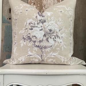 Beige Linen Floral Pillow Cover, Shabby French Country Cushion, French Antiques, Cottage Chic.
