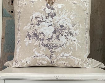 Beige Linen Floral Pillow Cover, Shabby French Country Cushion, French Antiques, Cottage Chic.