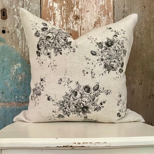 Black and Beige Floral Linen Pillow Cover, Decorative Shabby Farmhouse Throw Pillow, French Country Decor, Cottage Chic.
