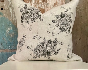 Black and Beige Floral Linen Pillow Cover, Decorative Shabby Farmhouse Throw Pillow, French Country Decor, Cottage Chic.