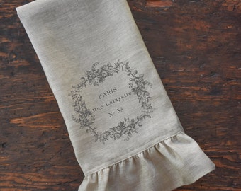 French Linen Tea Towel, Paris Ruffle Dishtowel, Shabby French Country Farmhouse Kitchen, Cottage Chic Decor.