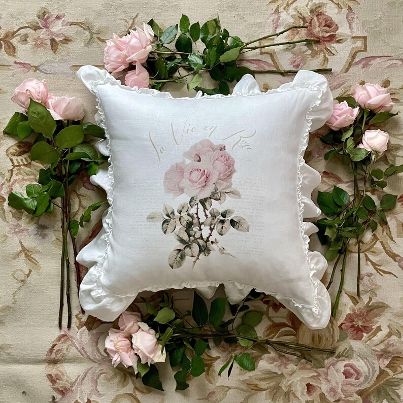 Rose Linen Pillow Cover, Shabby Cottage Chic, French Country Farmhouse, Romantic Decor. image 4