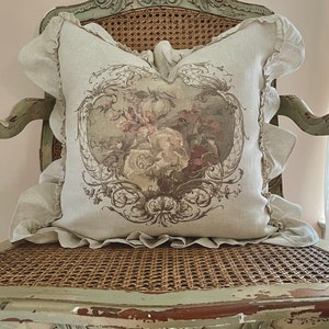 Beige Tapestry Print Ruffle Pillow Cover, French Country Pillow Cover. Shabby Decor, Cottage Chic, Gift for Her.