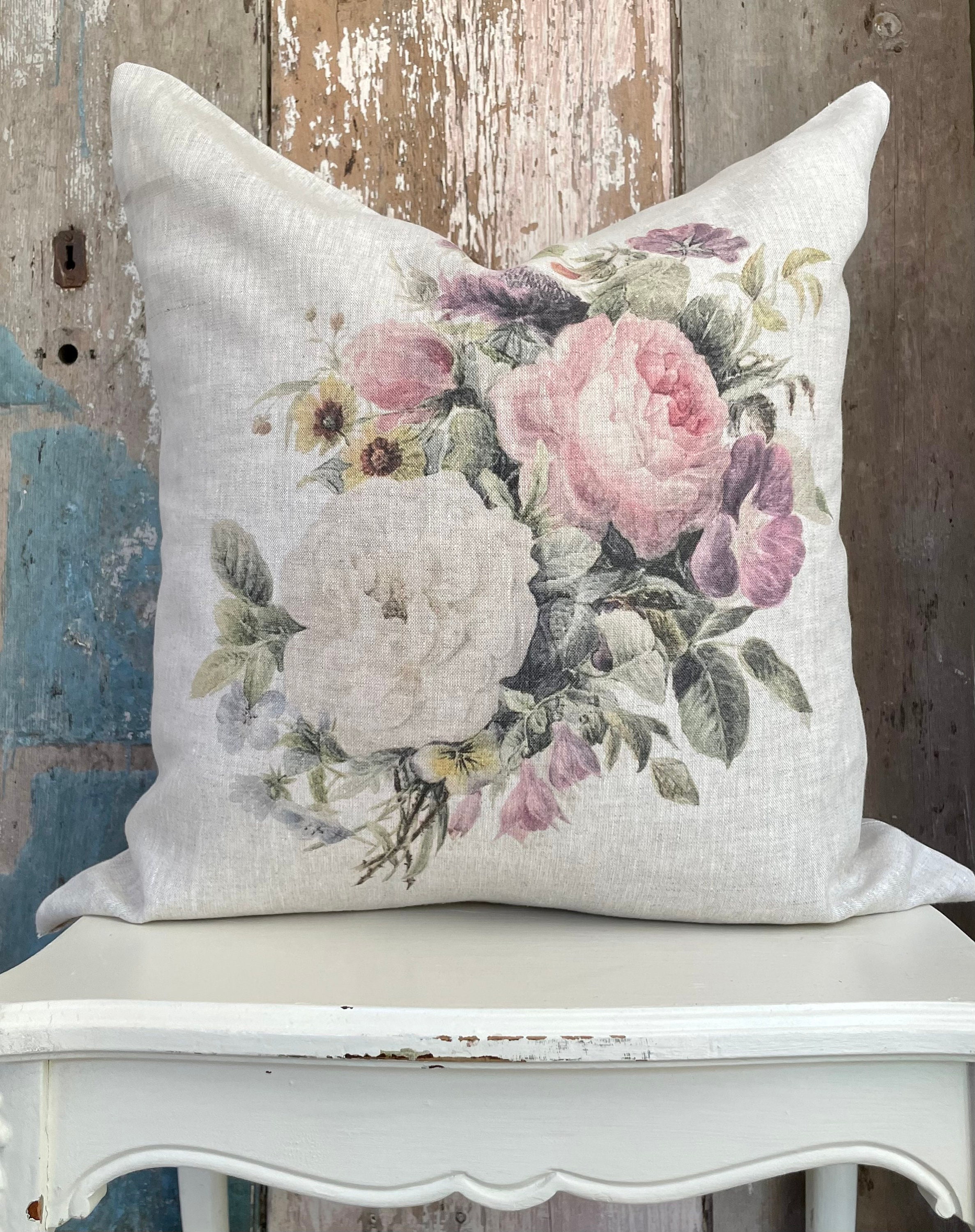 Throw Cushion Cover | Pink Floral Euro Sham Pillow 100% Cotton Modern Vintage Rustic Design | 18 x 18 | Saffron Marigold