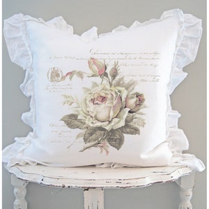 French Rose Ruffle Pillow Cover, French Country Pillow Cover. Shabby Decor, Cottage Chic, French Antiques, Gift for Her.