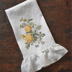 Yellow Rose Ruffle Tea Towel, Shabby French Linen Kitchen Dishtowel, Cottage Chic Farmhouse, Botanical Print.