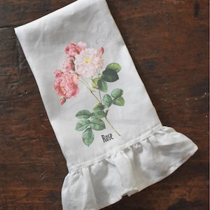 Floral Ruffle Tea Towel, Shabby Decor, Kitchen Dishtowel, Cottage Chic Farmhouse.