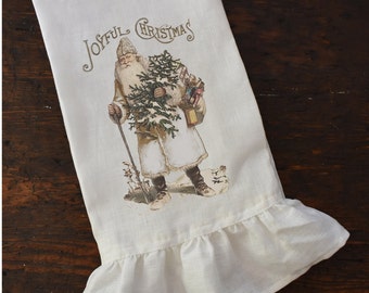 Neutral Santa Christmas Tea Towel, Farmhouse Kitchen Holiday Dishtowel, White Shabby Xmas, Cottage Chic.