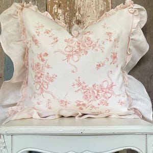 Blush Pink Linen Bows and Roses Pillow Cover, Shabby French Country Cushion, French Antiques, Coquette Cottage Chic, 20” x 20”