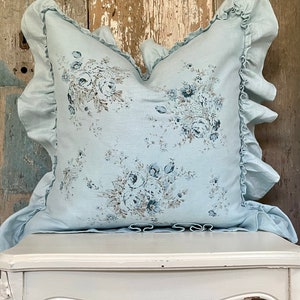 Light Blue Floral Ruffle Pillow Cover, French Country Pillow Cover. Shabby Decor Cottage Chic Decor, French Antiques.