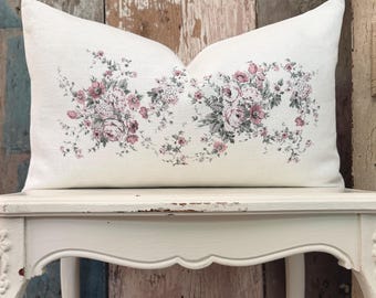 Pink and Green Floral Linen Lumbar Pillow, Farmhouse Linen Pillow Cover, Shabby French Country Cottage Chic Decor, 12” x 20”
