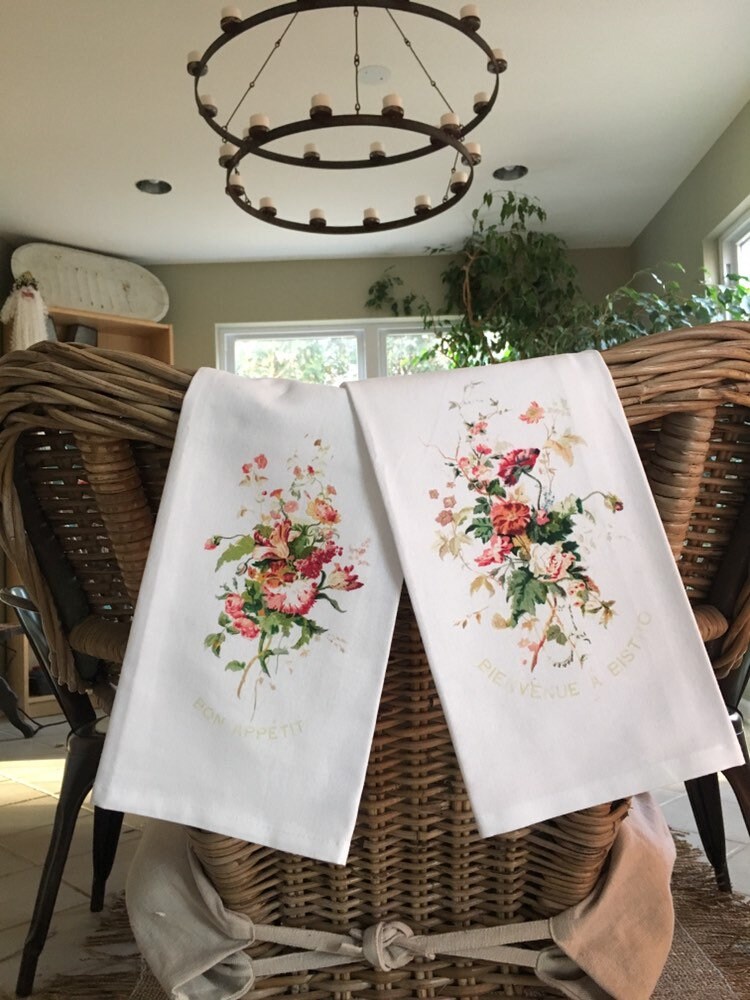 Vintage Floral Tea Towel Set Botanical Flower Linen Etsy