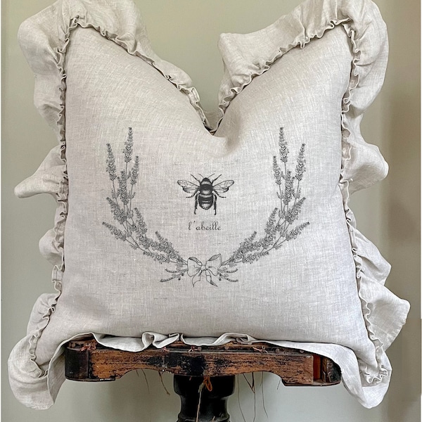 Frech Bee Ruffle Linen Pillow Cover, French Farmhouse Spring Decor, Grain Sack Pillow, Swedish Farmhouse Decor, Rustic Country.