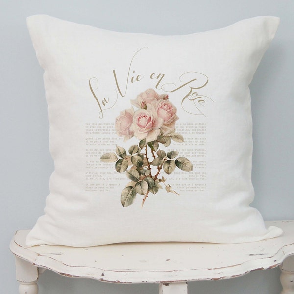 Rose Linen Pillow Cover, Shabby Cottage Chic, French Country Farmhouse, Romantic Decor.