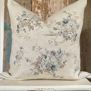 Beige and Blue Floral Ruffle Pillow Cover, French Country Pillow Cover. Shabby Decor, Cottage Chic, French Antiques, 18" x 18"