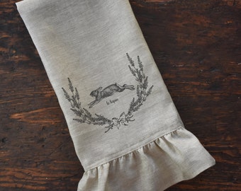 French Rabbit Linen Ruffle Tea Towel, Bunny Dishtowels, Shabby French Country Farmhouse Kitchen, Cottage Chic Decor.