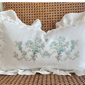 Ruffle Linen Lumbar Pillow Cover, Shabby Floral Country Cushion, Cottage Chic Home. French Farmhouse Decor.
