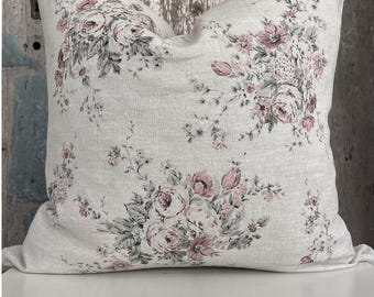 Beige and Pink Floral Linen Pillow Cover, Decorative Shabby Farmhouse Throw Pillow, French Country Decor, Cottage Chic, 20" x 20"
