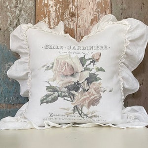 French White Rose Ruffle Pillow Cover, Farmhouse Linen Pillow Cover, Shabby French Country Decor, Cottage Chic Decor, Gift for Her.